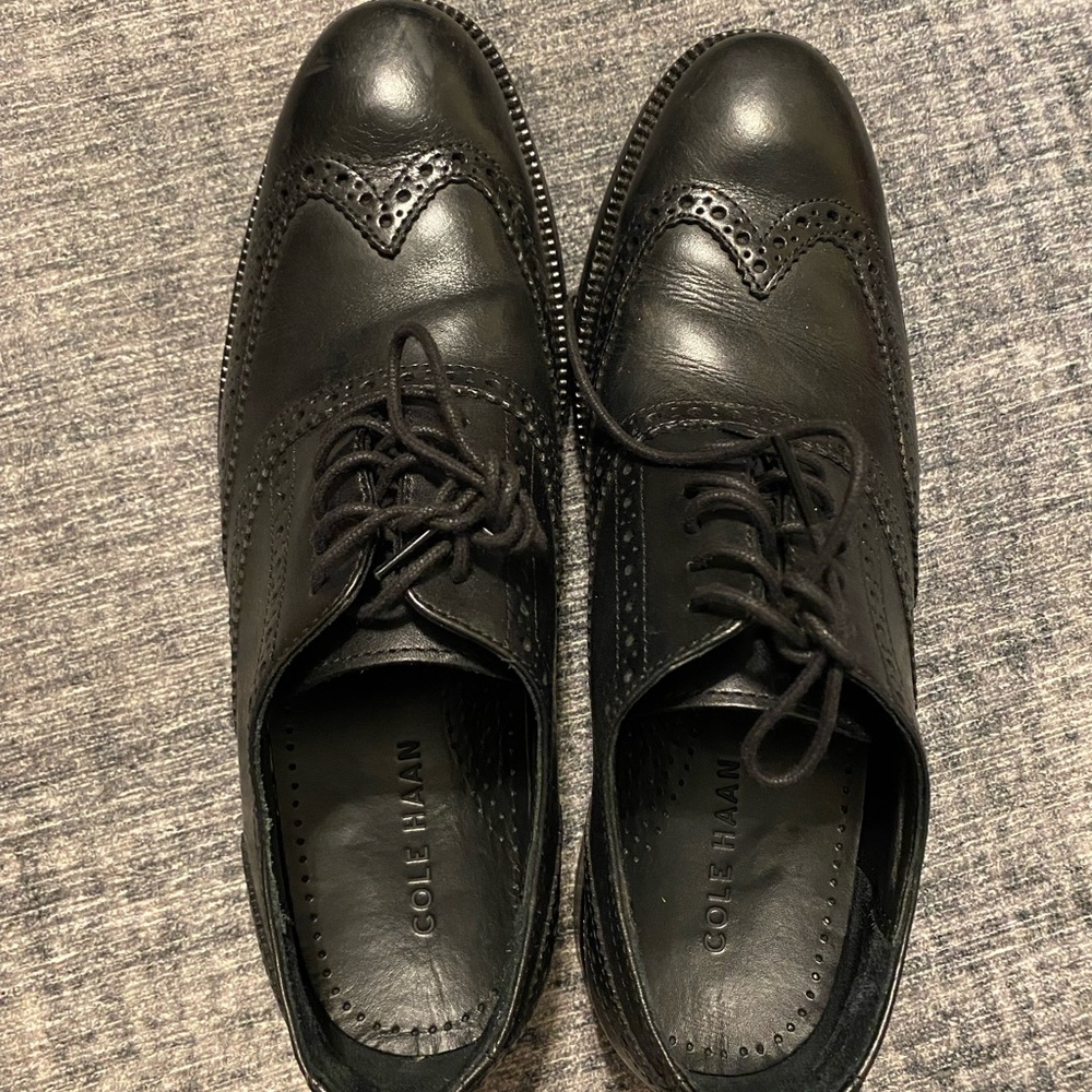 Cole Haan Black Leather Oxford Shoes with Brogue Detailing